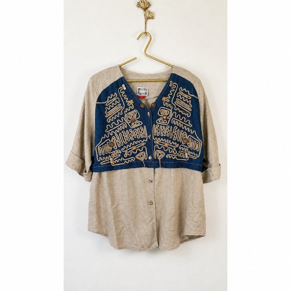 Vintage Monique Fashions Blouse Womens 1XP Linen Denim Bedazzled Boho USA Made
